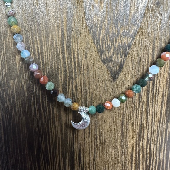 Indian Agate Beaded Necklace with Sterling Silver Crescent Moon Charm - Picture 5 of 9